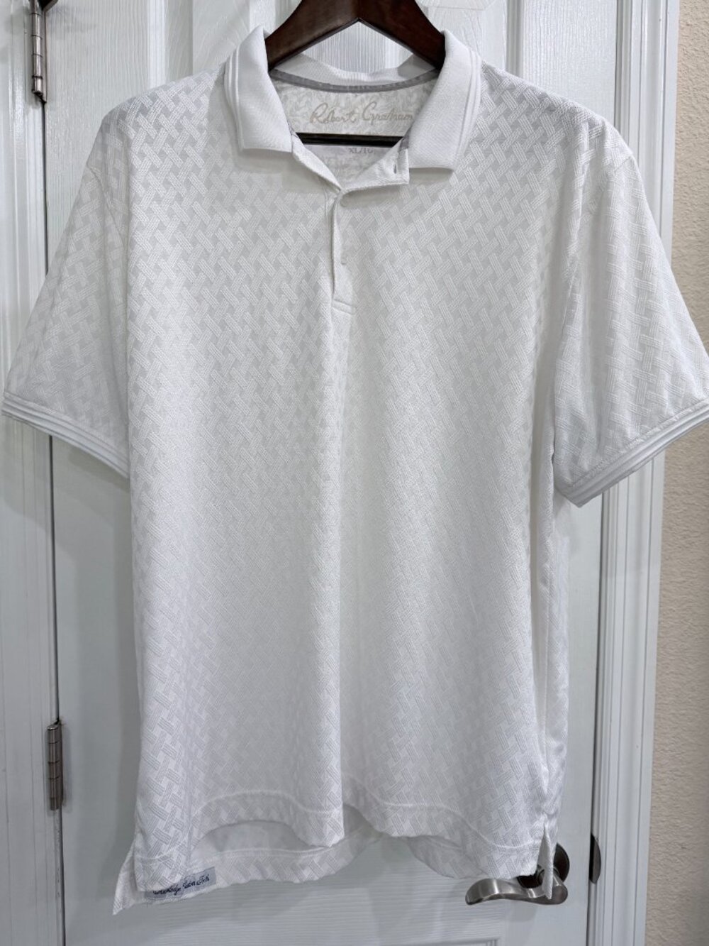 Robert Graham Polo Shirt Men’s XL White Textured Jacquard Performance Golf